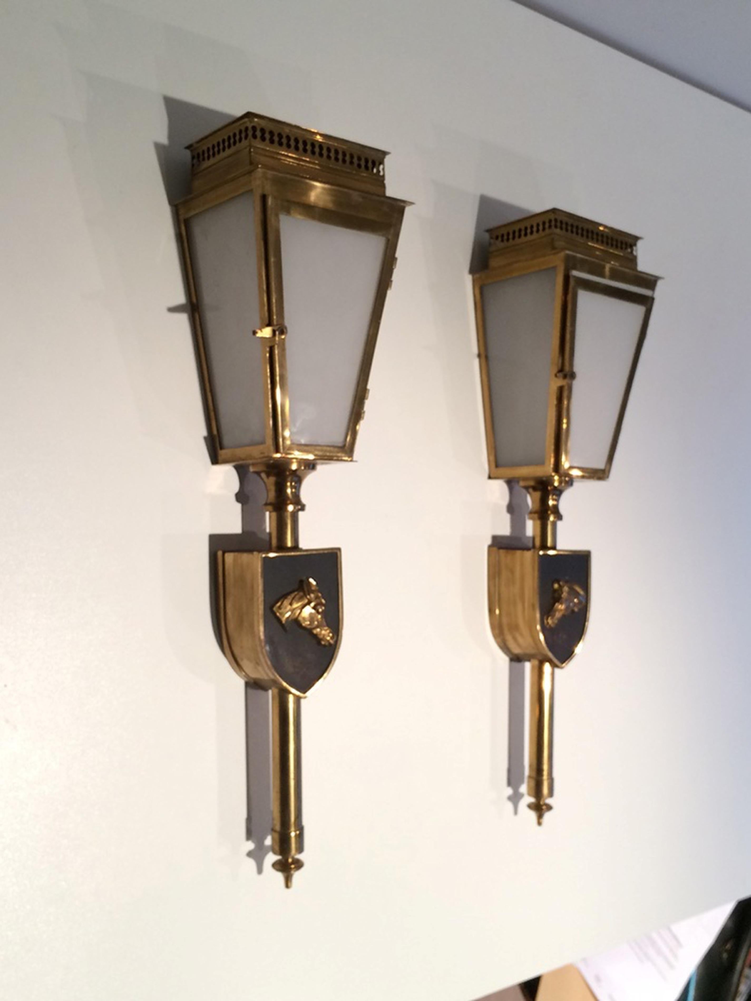 French Pair of Horses Brass, Black Lacquered and Glass Lanterns, Circa 1950 For Sale