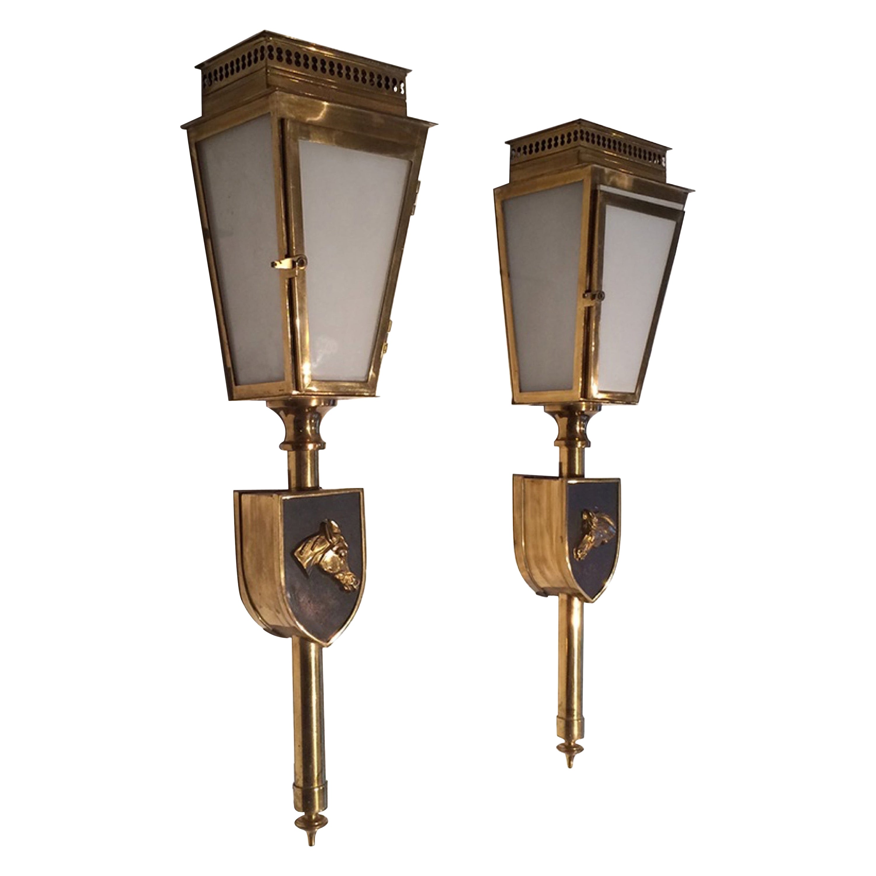 Pair of Horses Brass, Black Lacquered and Glass Lanterns, Circa 1950