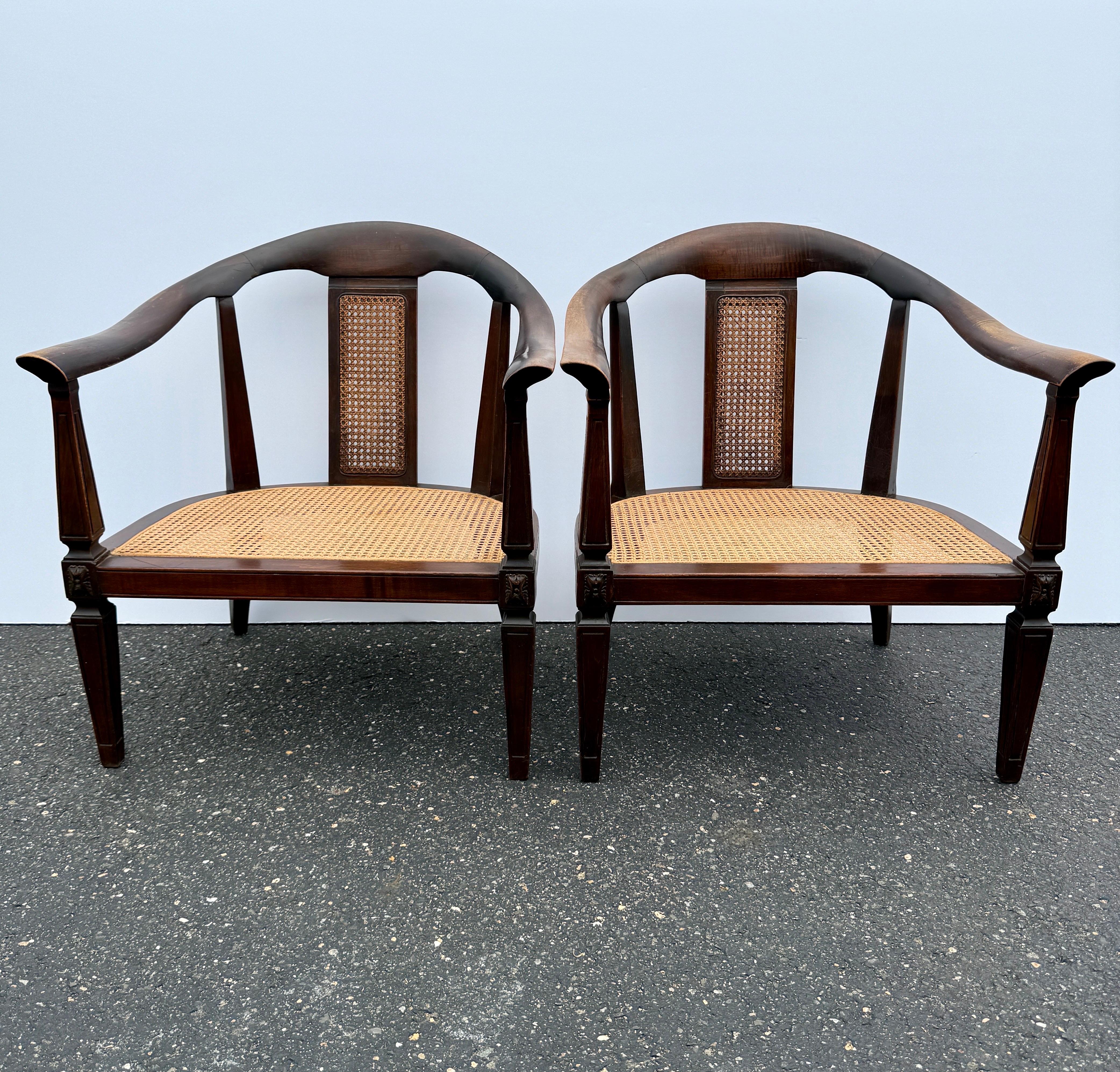 Pair of Horseshoe Shape Occasional Lounge Cane Armchairs In Good Condition For Sale In Haddonfield, NJ