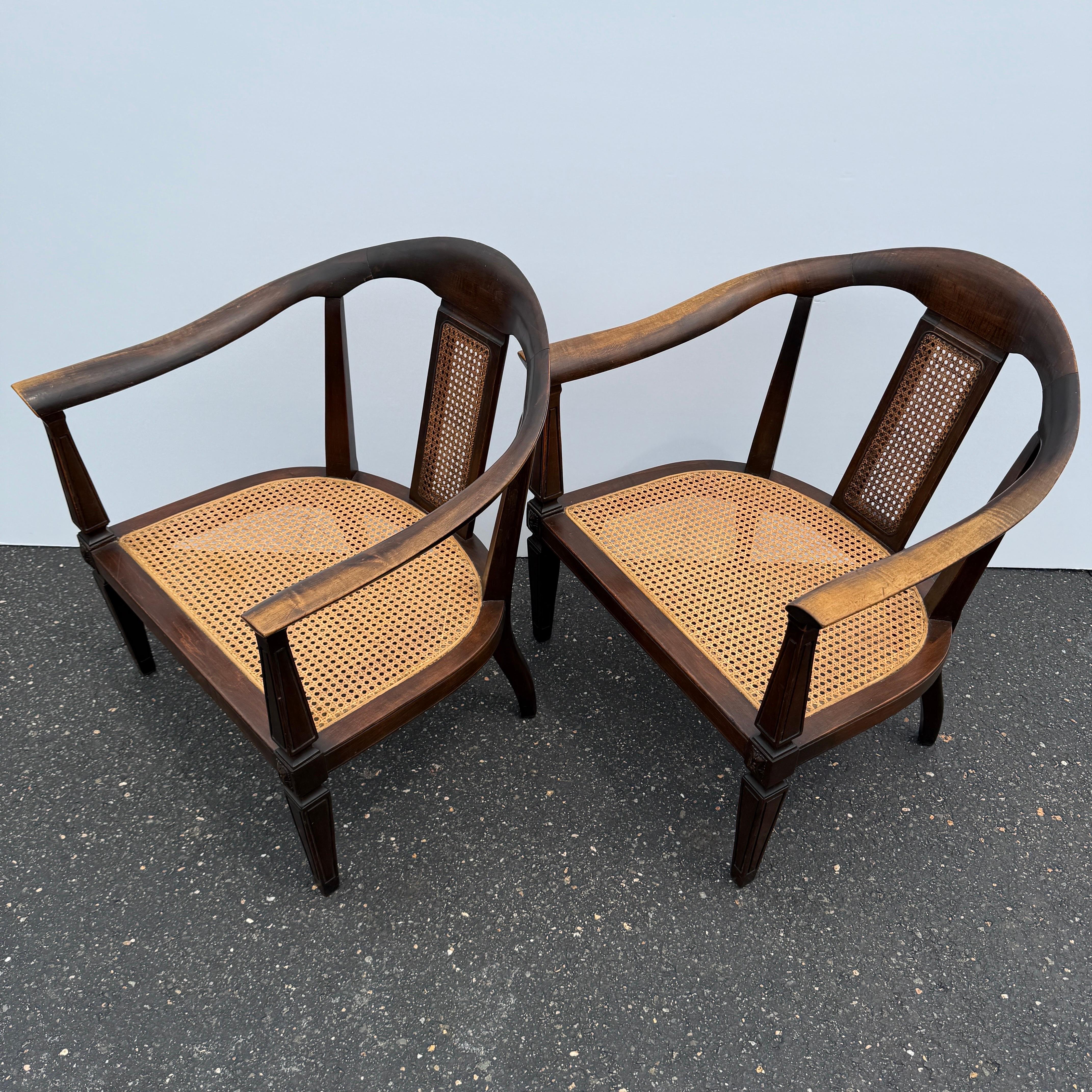 Pair of Horseshoe Shape Occasional Lounge Cane Armchairs For Sale 1