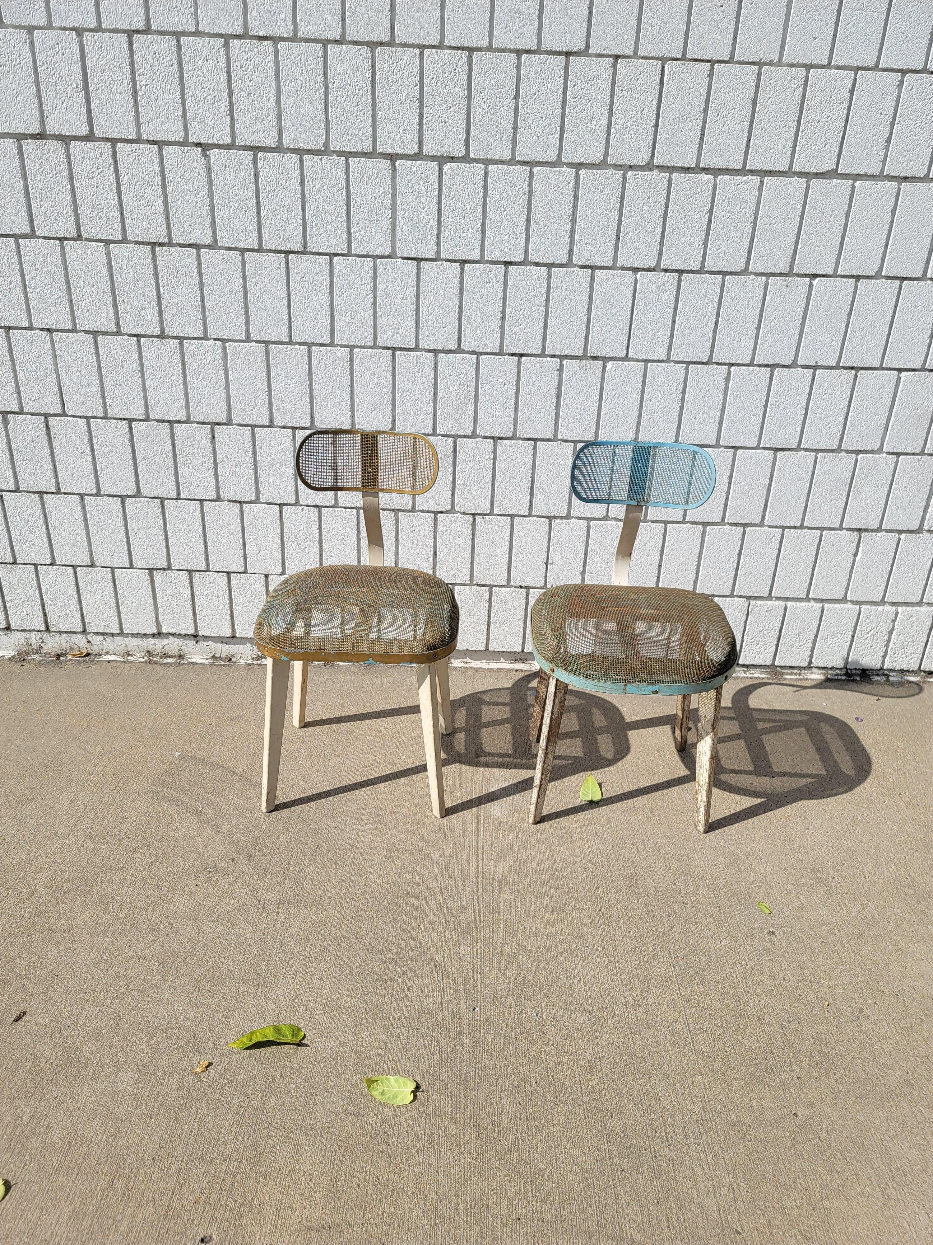 Pair of Horton Texteel Ironer Industrial Steel Mesh and Wood Chairs, circa 1940s 7