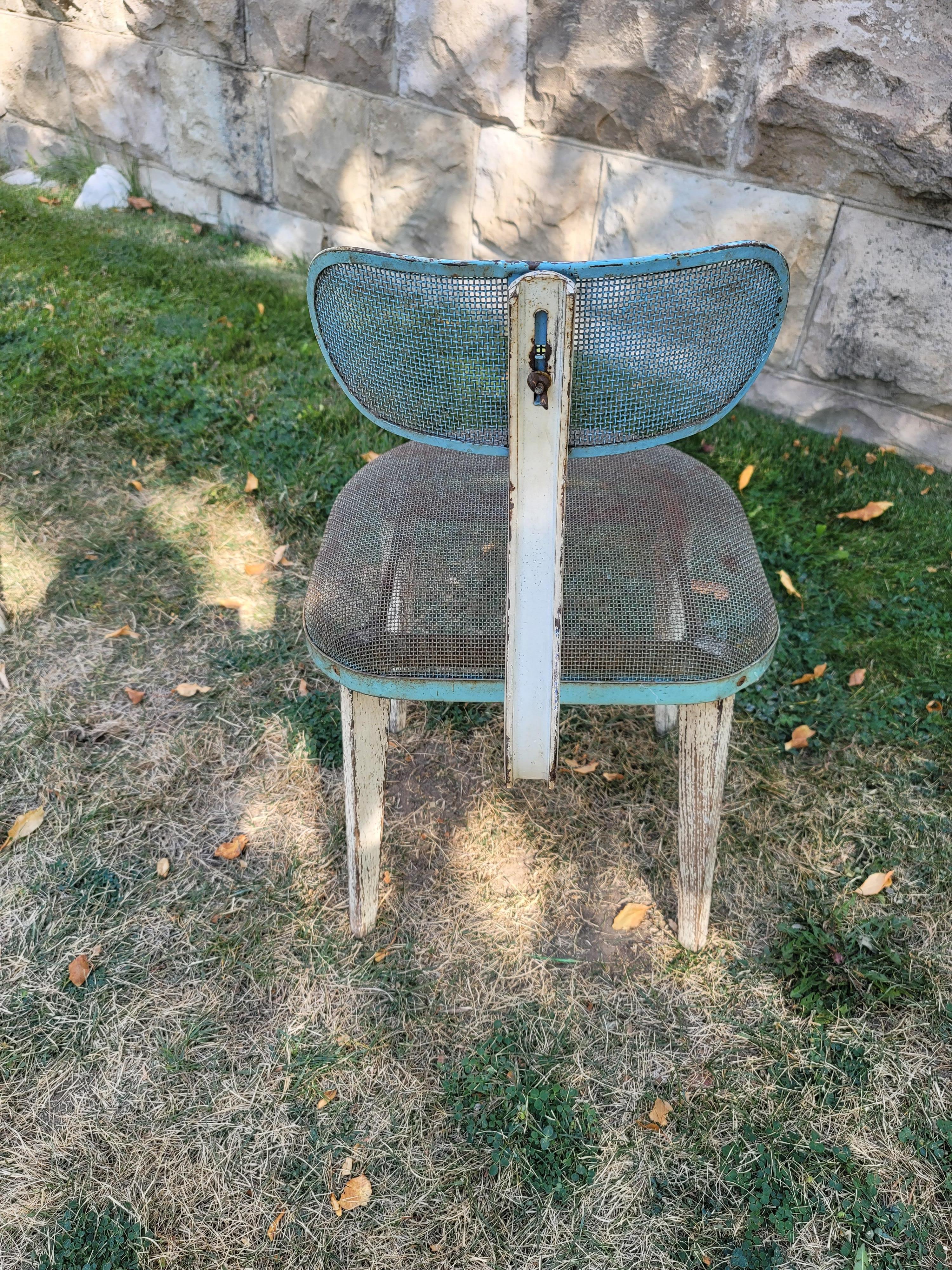 Pair of Horton Texteel Ironer Industrial Steel Mesh and Wood Chairs, circa 1940s In Fair Condition In Littleton, CO