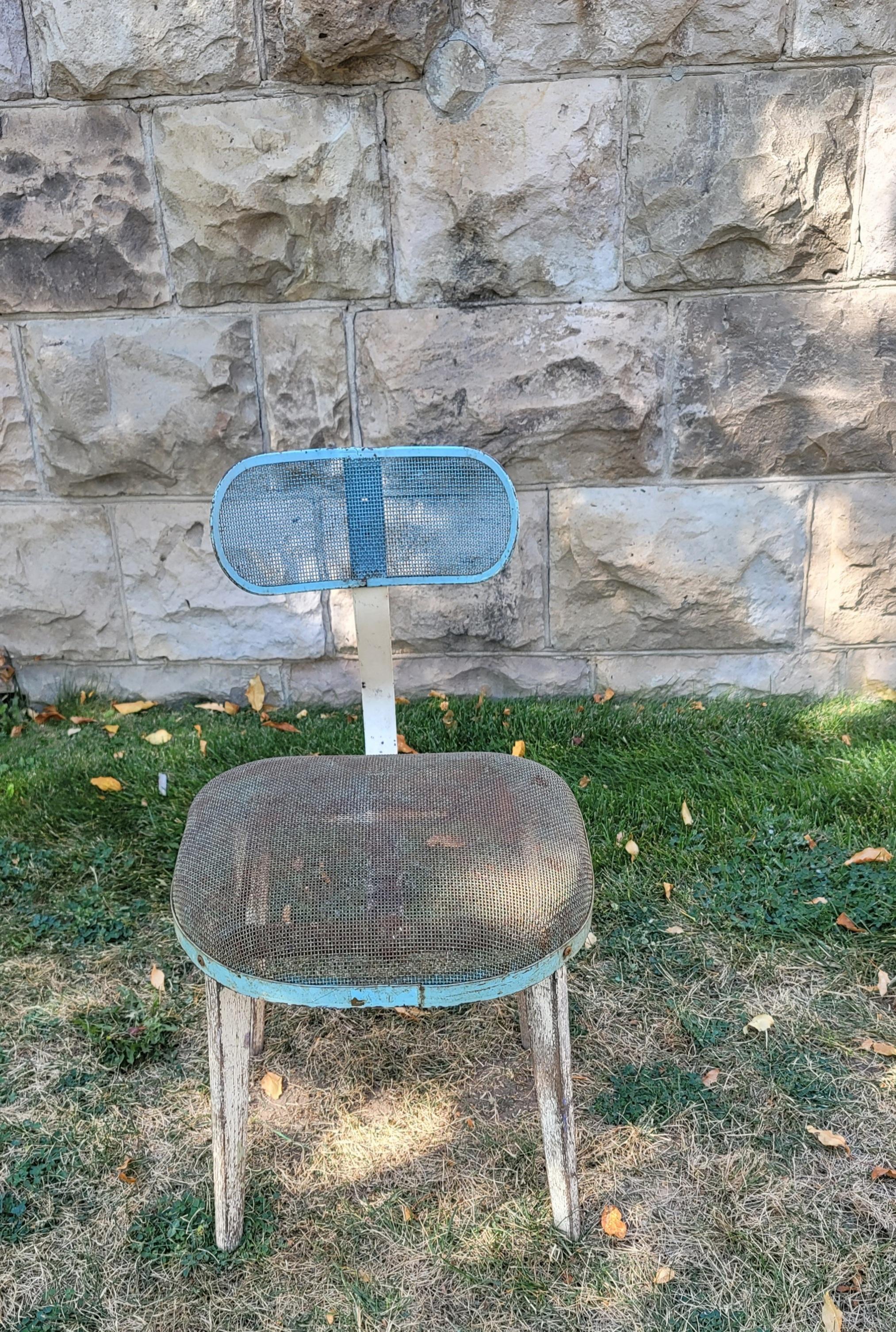 Mid-20th Century Pair of Horton Texteel Ironer Industrial Steel Mesh and Wood Chairs, circa 1940s