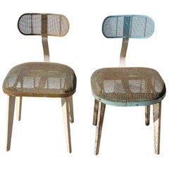 Pair of Horton Texteel Ironer Industrial Steel Mesh and Wood Chairs, circa 1940s