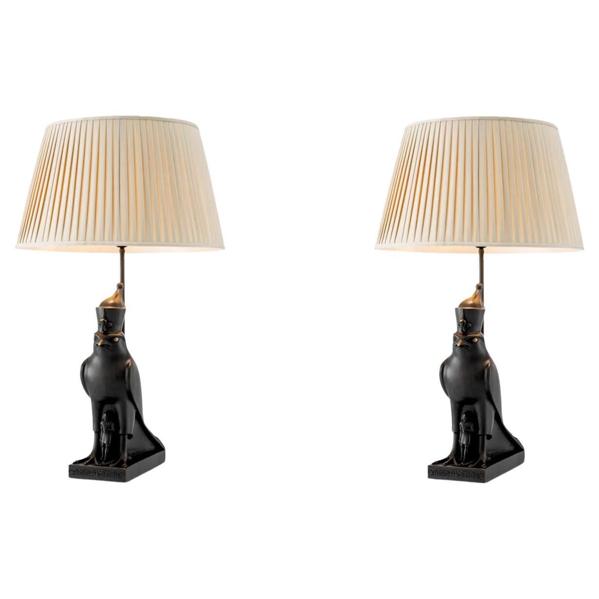 Pair of Horus Model Table Lamps, Patinated Bronze.