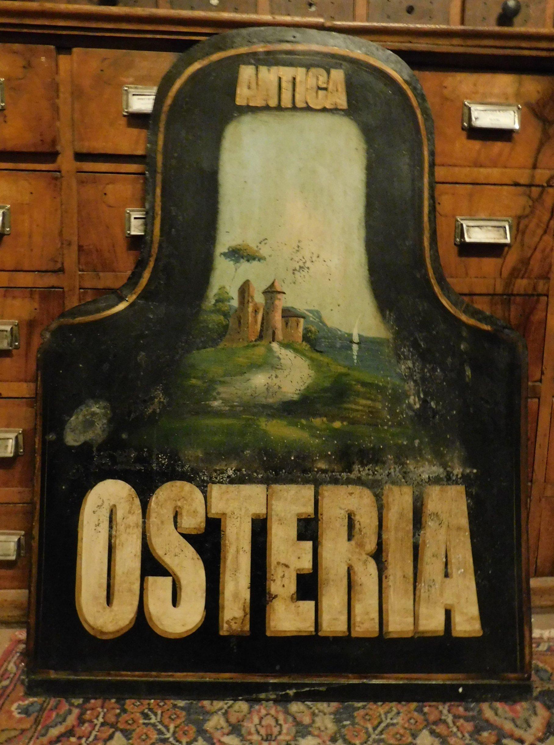 Pair of vintage signs, from a local in the Langhe in Piedmont (Italy), a hilly wine-producing area, this structure had both hotel and tavern, very beautiful and with a historic flavor, hand-painted on iron plates, light and ideal in public places ,