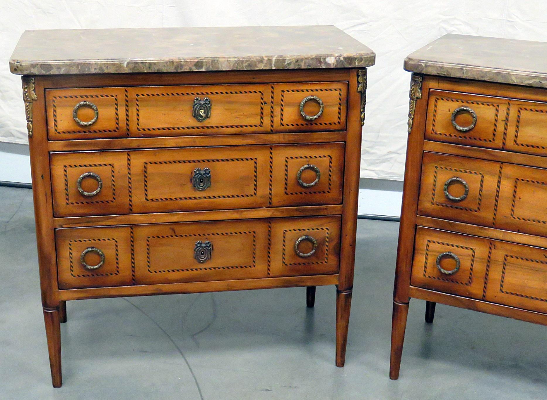 Pair of Continental 3-drawer marble top commodes with bronze mounts.