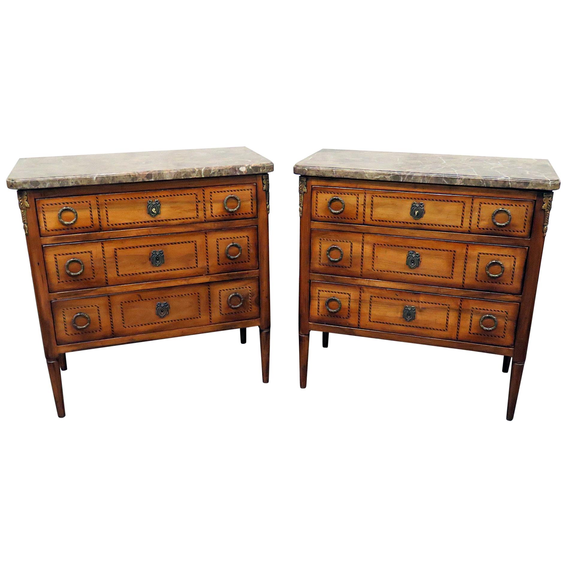 Pair of French Louis XVI Style Marble-Top Commodes Night Stands