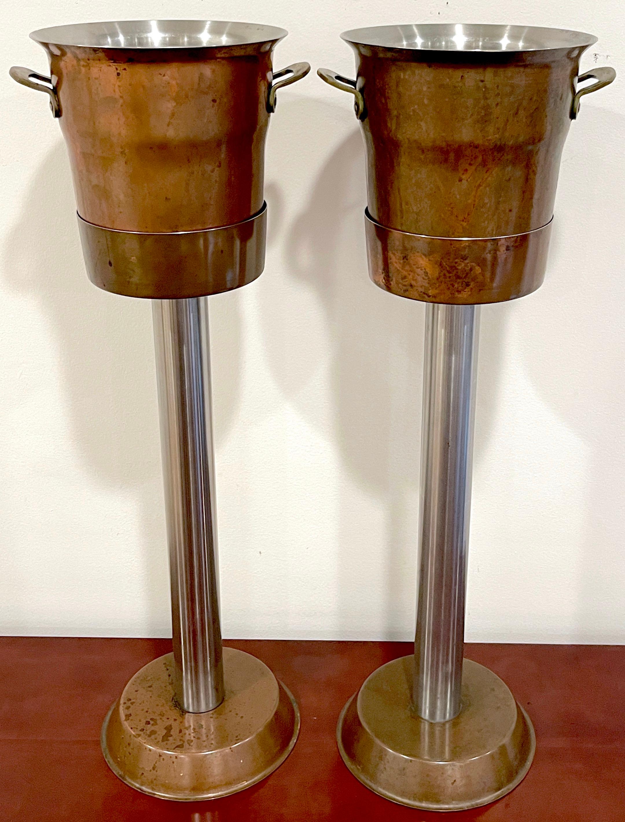 Modern Pair of Hotel Copper & Steel Champagne Buckets & Stands, by Spring Culinox