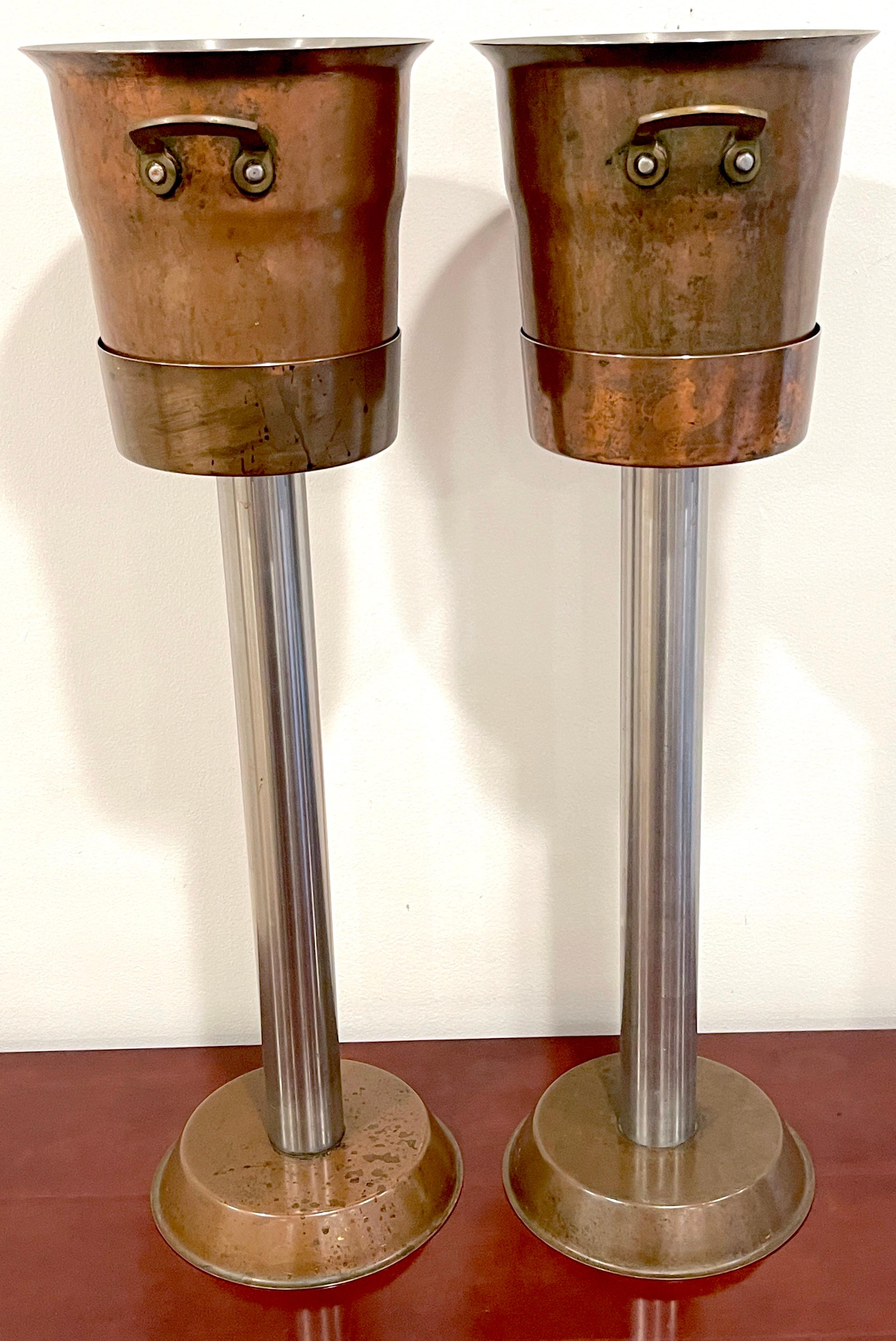 Swiss Pair of Hotel Copper & Steel Champagne Buckets & Stands, by Spring Culinox