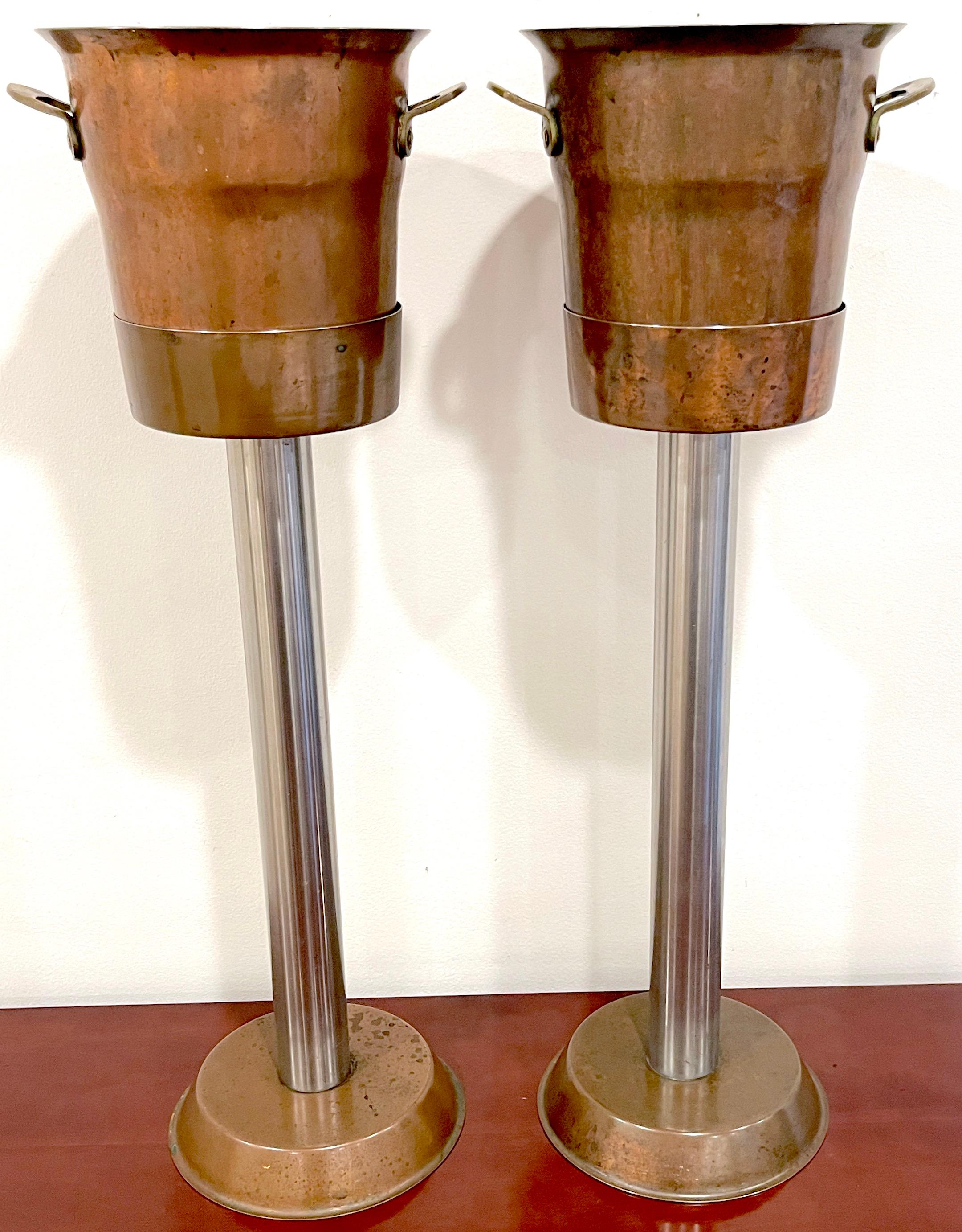 Pair of Hotel Copper & Steel Champagne Buckets & Stands, by Spring Culinox In Good Condition In West Palm Beach, FL