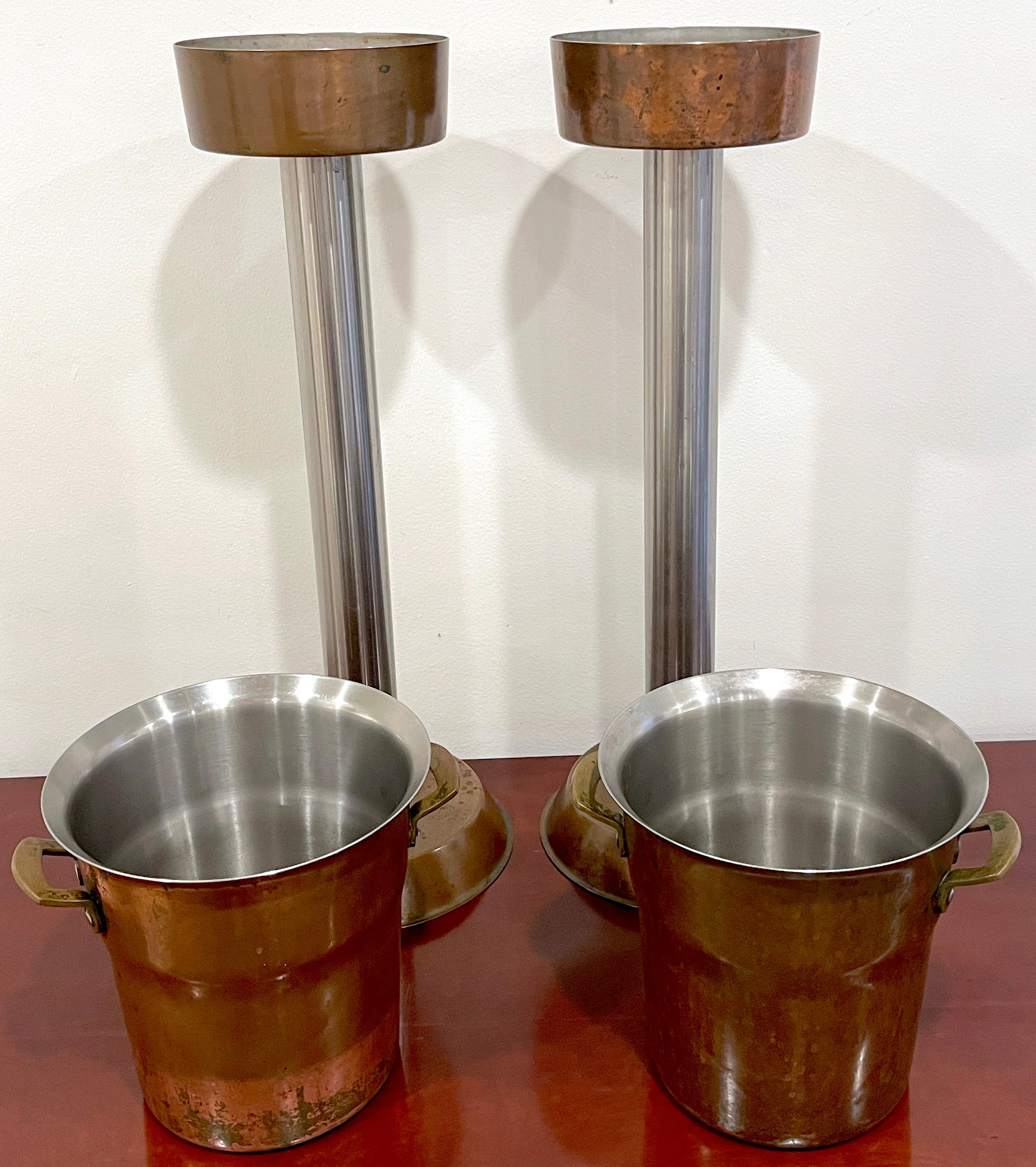 20th Century Pair of Hotel Copper & Steel Champagne Buckets & Stands, by Spring Culinox