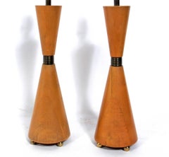 Pair of Hourglass Form Wood and Brass Lamps