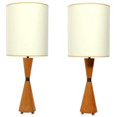 Retro Pair of Hourglass Form Wood and Brass Lamps