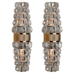 Pair of Hourglass Shaped Glass Brass Wall Sconce, France, 1970s