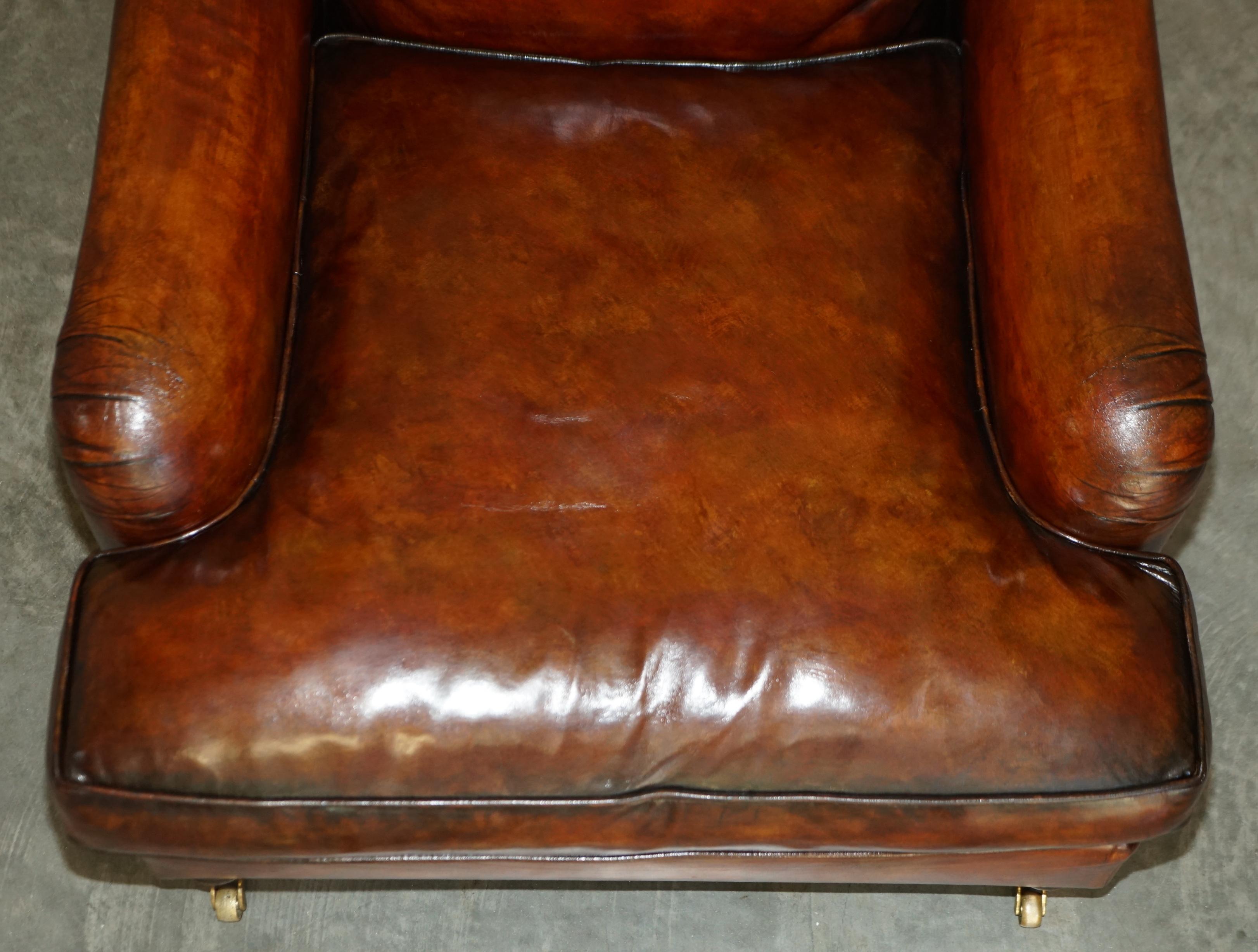 Pair of Howard George Smith Signature Scroll Arm Style Brown Leather Armchairs For Sale 4