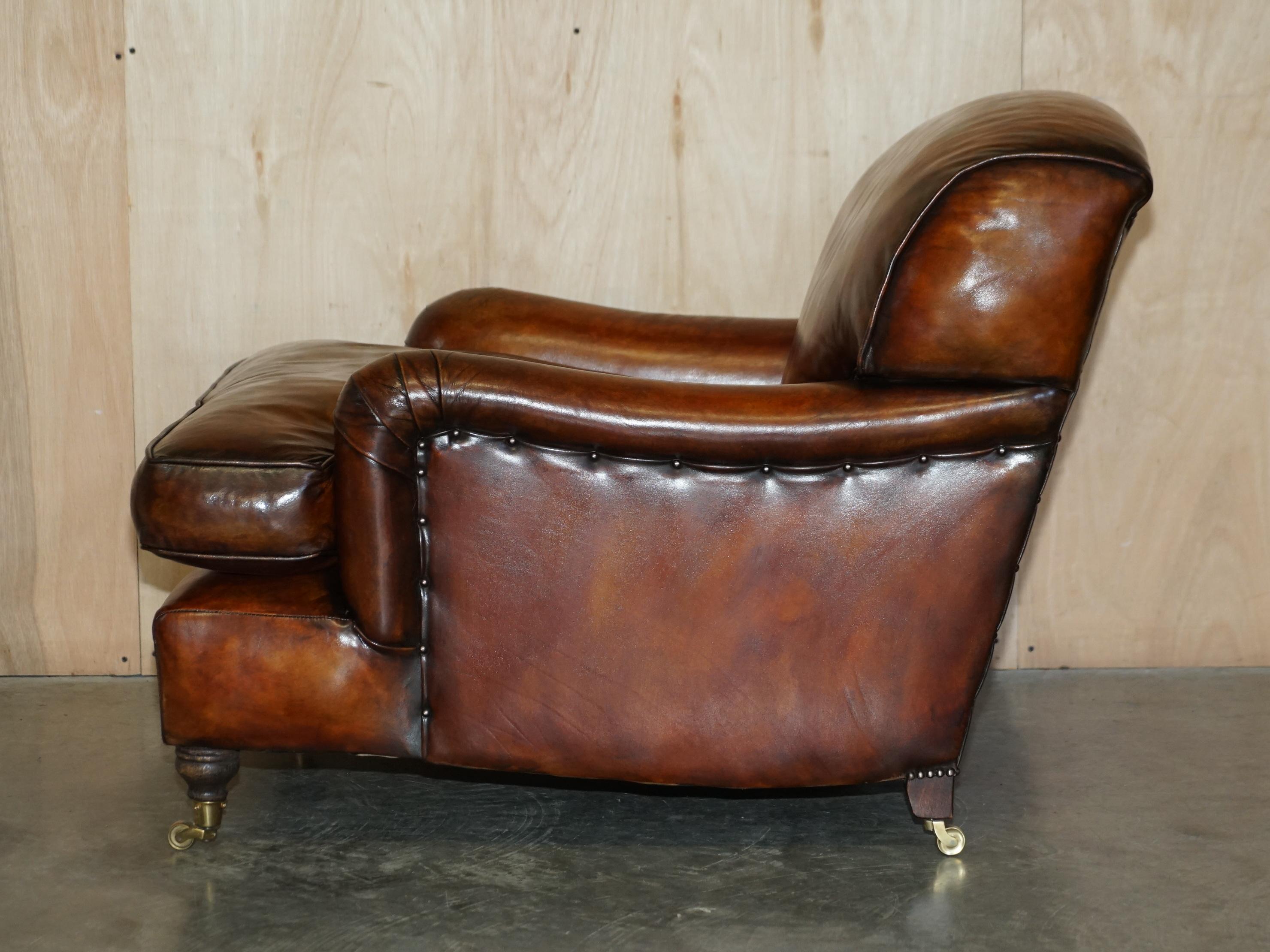 Pair of Howard George Smith Signature Scroll Arm Style Brown Leather Armchairs For Sale 7