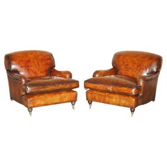 Antique Pair of Howard George Smith Signature Scroll Arm Style Brown Leather Armchairs