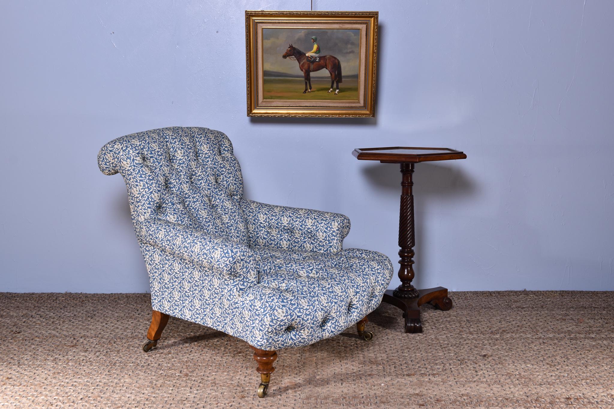 Victorian Pair Of Howard & Sons Deep-Buttoned Armchairs For Sale