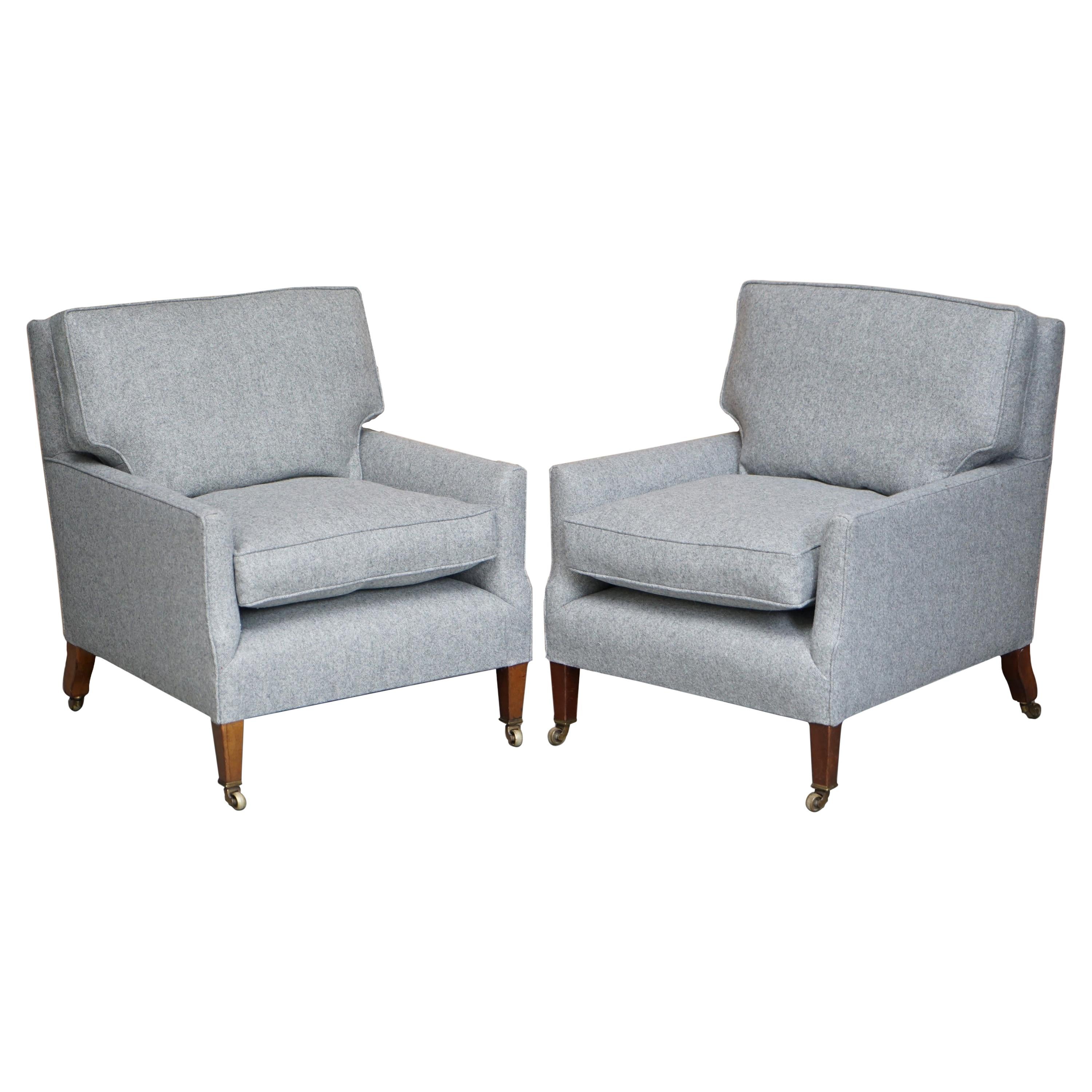 Pair of Howard & Son's Fully Stamped, Restored Herringbone Upholstered Armchairs