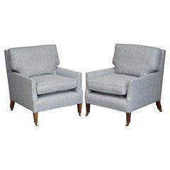 Pair of Howard & Son's Fully Stamped, Restored Herringbone Upholstered Armchairs