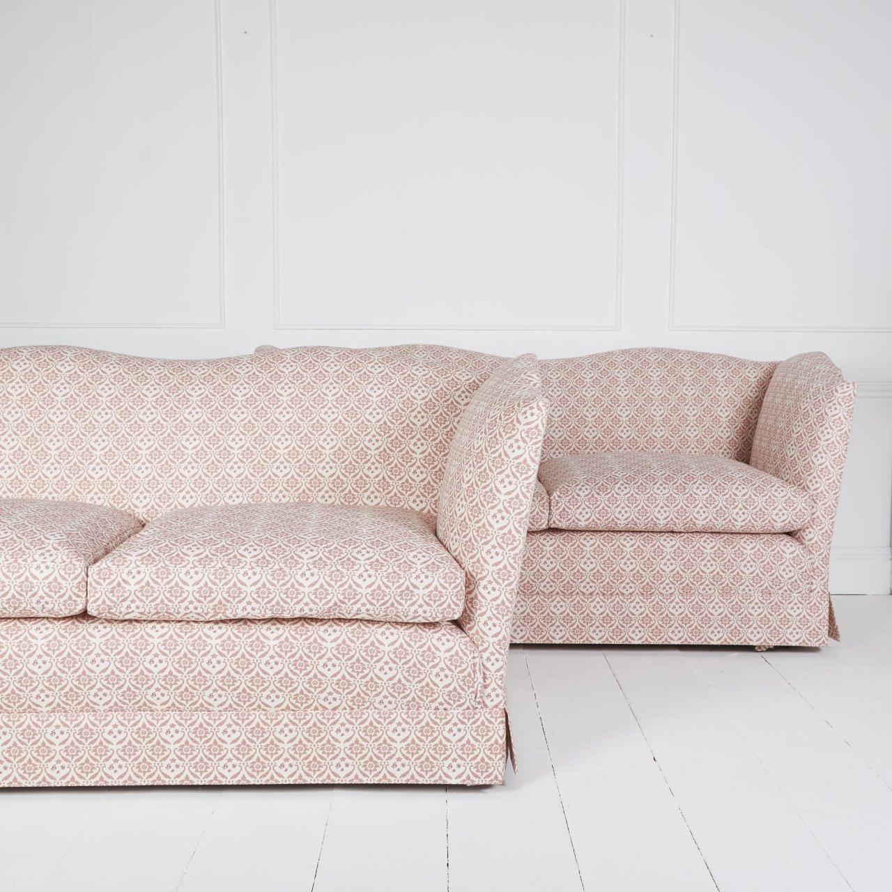 Pair of rare deco “Bruton” model sofas by Howard and sons
covered in salmon H&S monogrammed organic cotton ticking
with duck feather and down cushions and stamped castors.

Dimensions: H 40″  W 72″ D 33″

London Circa 1920

Ref MS171

Upholstery