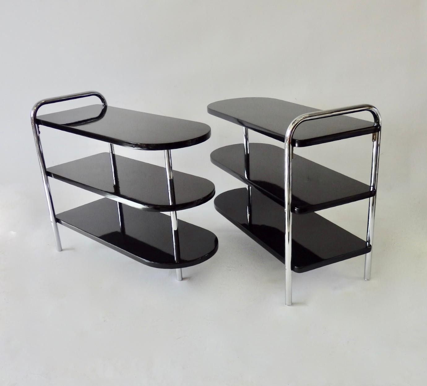 American Pair of Howell Black Lacquered and Chrome Art Deco Machine Age Side Tables