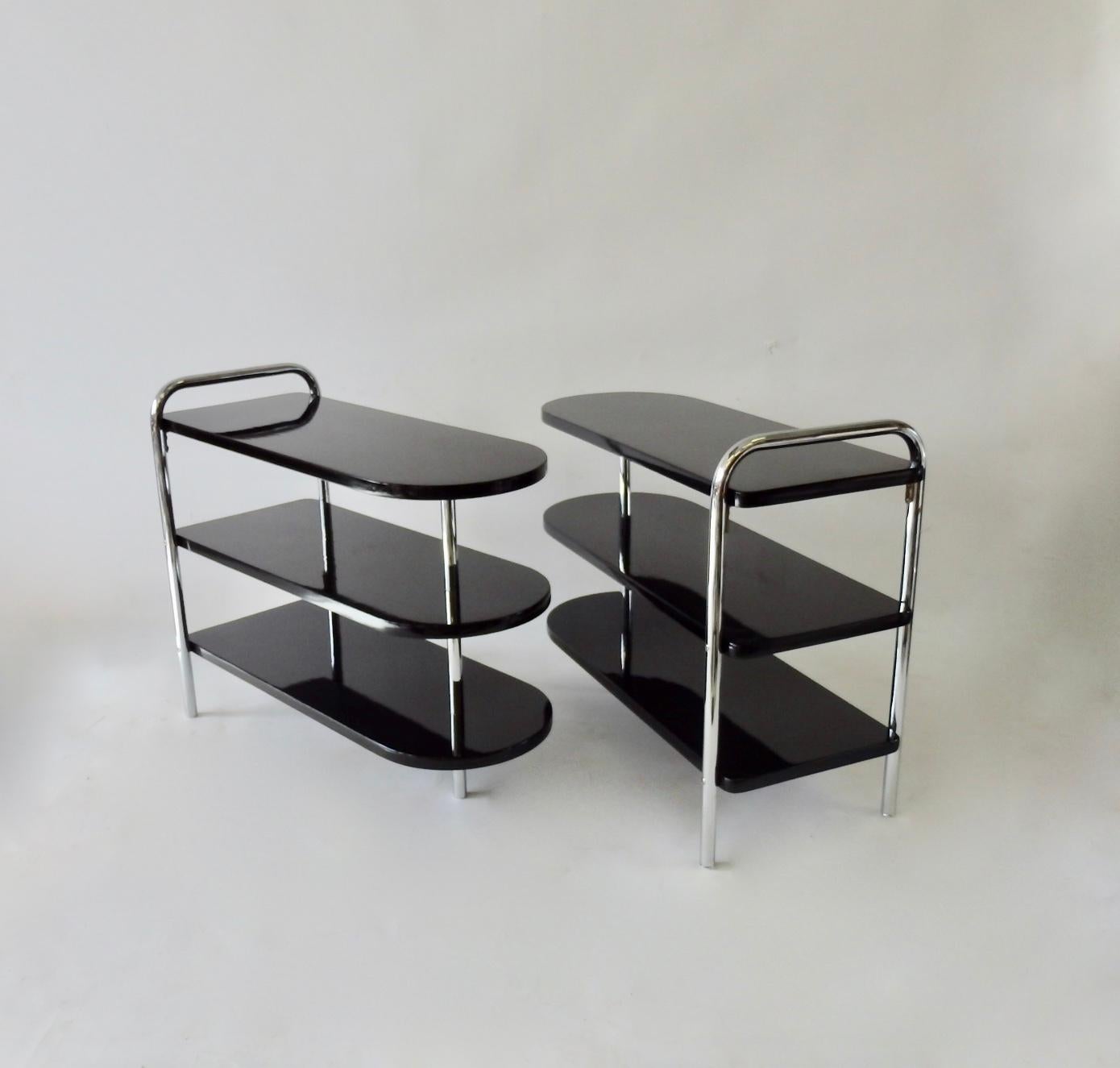 20th Century Pair of Howell Black Lacquered and Chrome Art Deco Machine Age Side Tables