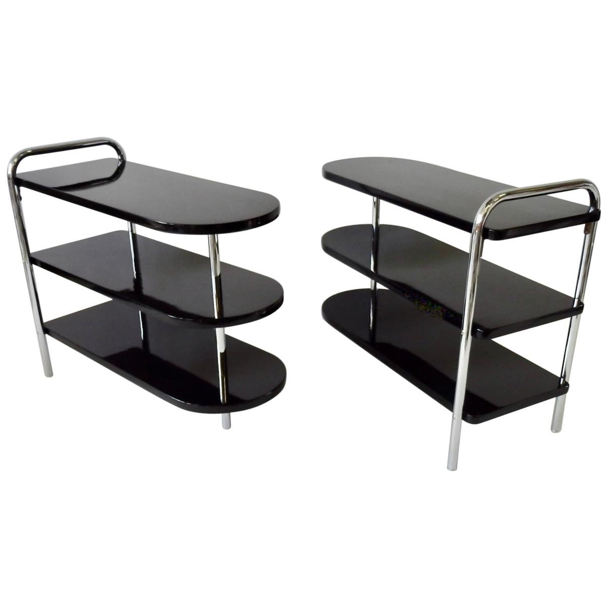 Pair of Howell Black Lacquered and Chrome Art Deco Machine Age Side Tables