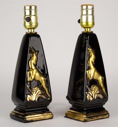 Pair of Howell Ceramic Accent Table Lamps Mid Century Modern Black Gold