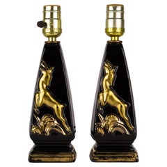 Pareja de lámparas de sobremesa de cerámica Howell Mid Century Modern Black Gold