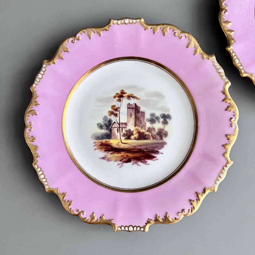 Inglese Coppia di piatti H&R Daniel, forma Shrewsbury, rosa, paesaggi Patt.4276, 1827 ca.