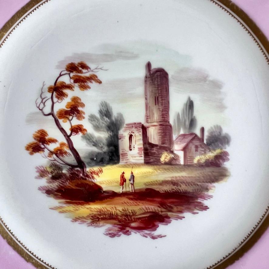 Dipinto a mano Coppia di piatti H&R Daniel, forma Shrewsbury, rosa, paesaggi Patt.4276, 1827 ca.
