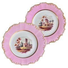 Coppia di piatti H&R Daniel, forma Shrewsbury, rosa, paesaggi Patt.4276, 1827 ca.