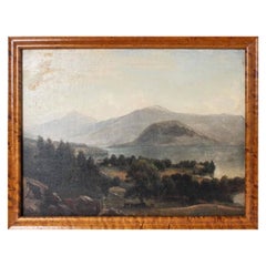 Pair Of Hudson Valley Style Oil On Board Paintings In Birds Eye Maple Frames. Pair Of Hudson Valley Style Oil On Board Paintings In Birds Eye Maple Frames.