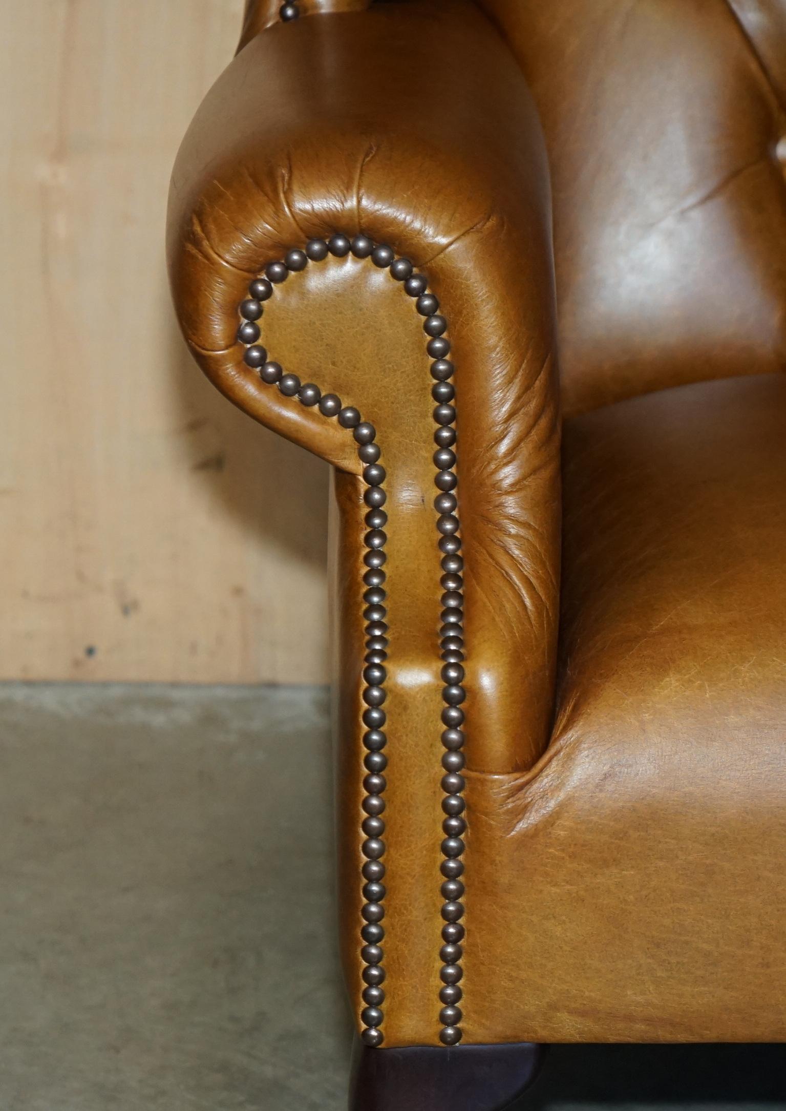 PAIR OF HUGE 132CM TALL HERITAGE BROWN LEATHER CHESTERFIELD WINGBACK ARMCHAIRs For Sale 2