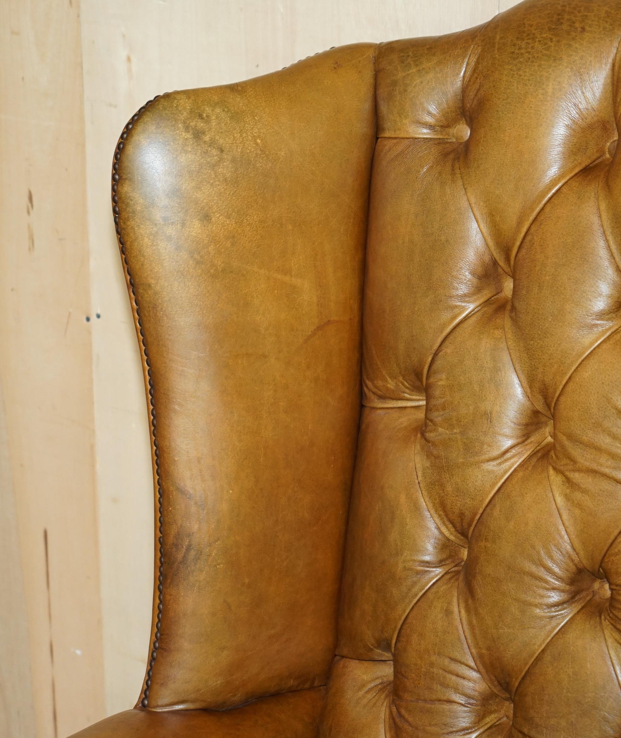 PAIR OF HUGE 132CM TALL HERITAGE BROWN LEATHER CHESTERFIELD WINGBACK ARMCHAIRs For Sale 9