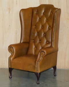 PAIR OF HUGE 132CM TALL HERITAGE BROWN LEATHER CHESTERFIELD WINGBACK ARMCHAIRs