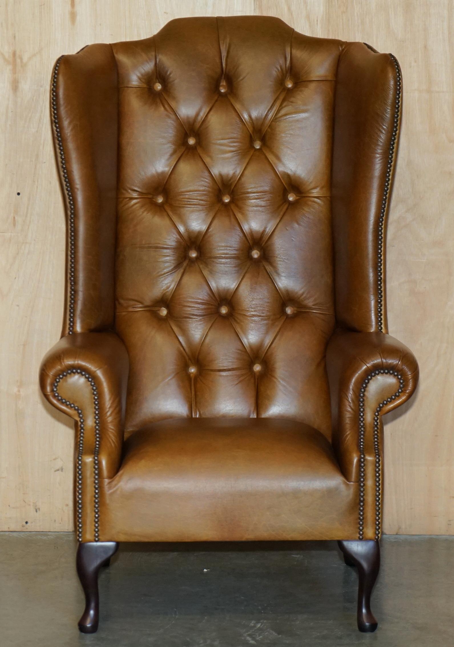 Chesterfield PAIR OF HUGE 132CM TALL HERITAGE BROWN LEATHER CHESTERFIELD WINGBACK ARMCHAIRs For Sale