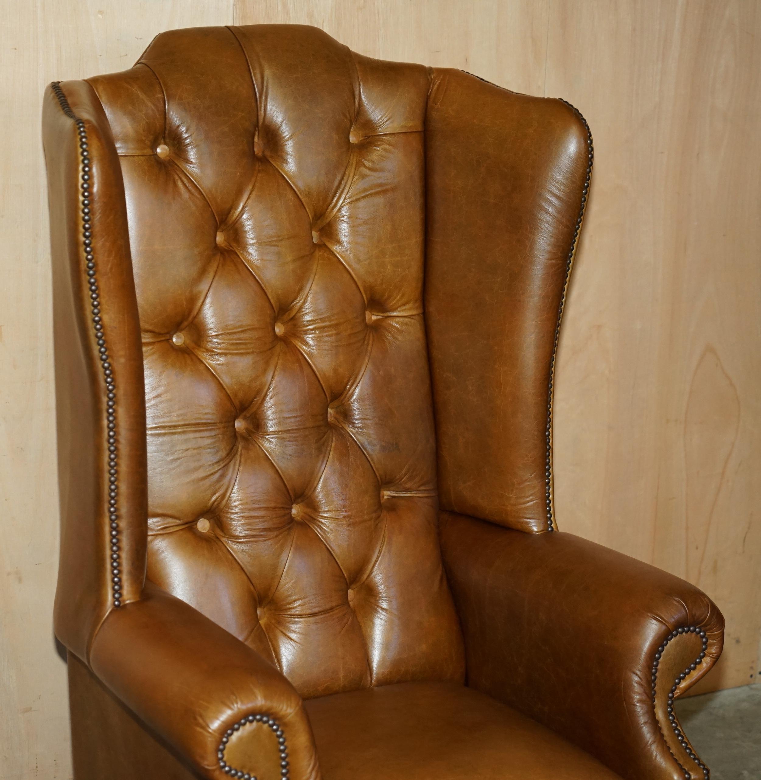English PAIR OF HUGE 132CM TALL HERITAGE BROWN LEATHER CHESTERFIELD WINGBACK ARMCHAIRs For Sale