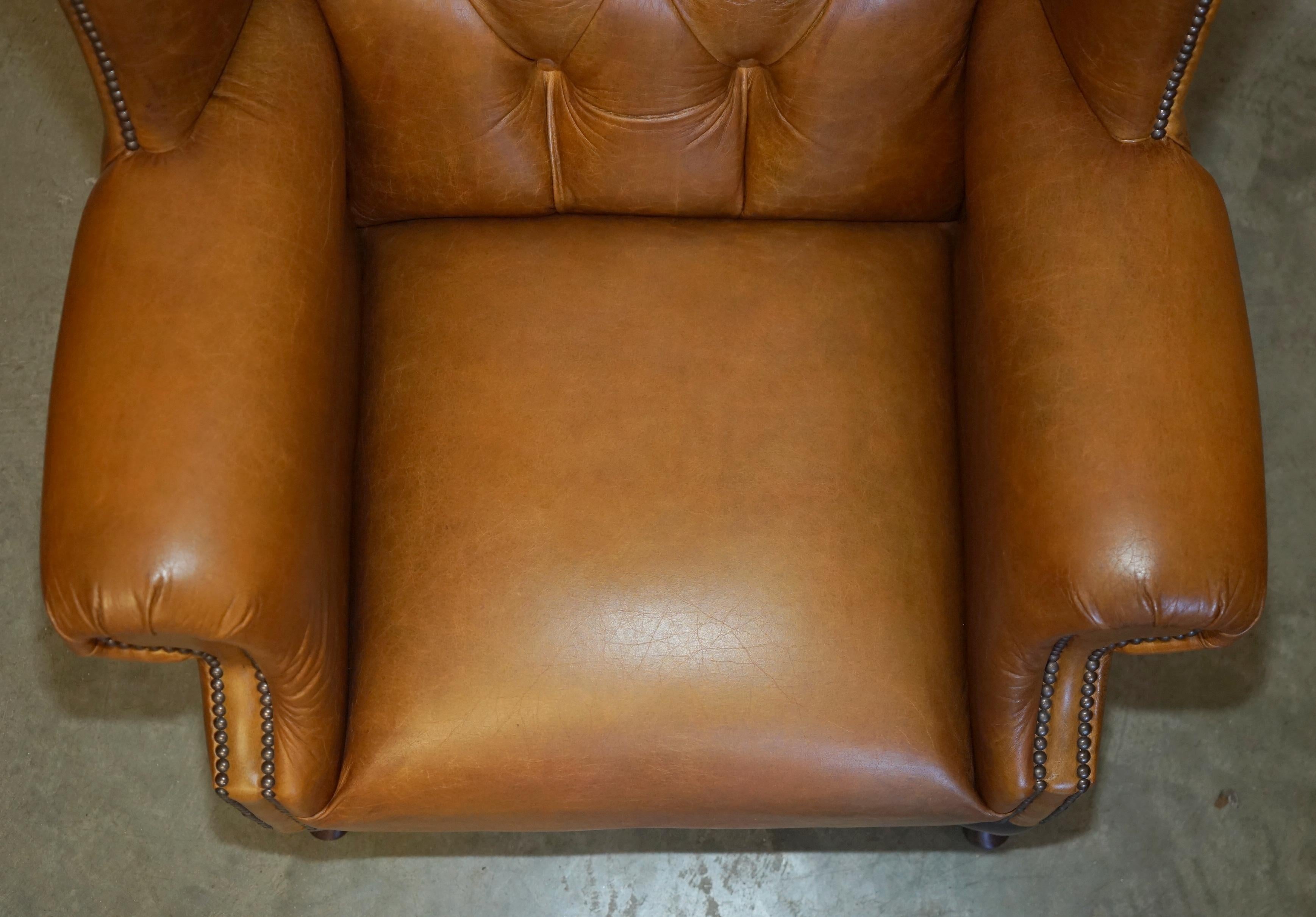 Hand-Crafted PAIR OF HUGE 132CM TALL HERITAGE BROWN LEATHER CHESTERFIELD WINGBACK ARMCHAIRs For Sale