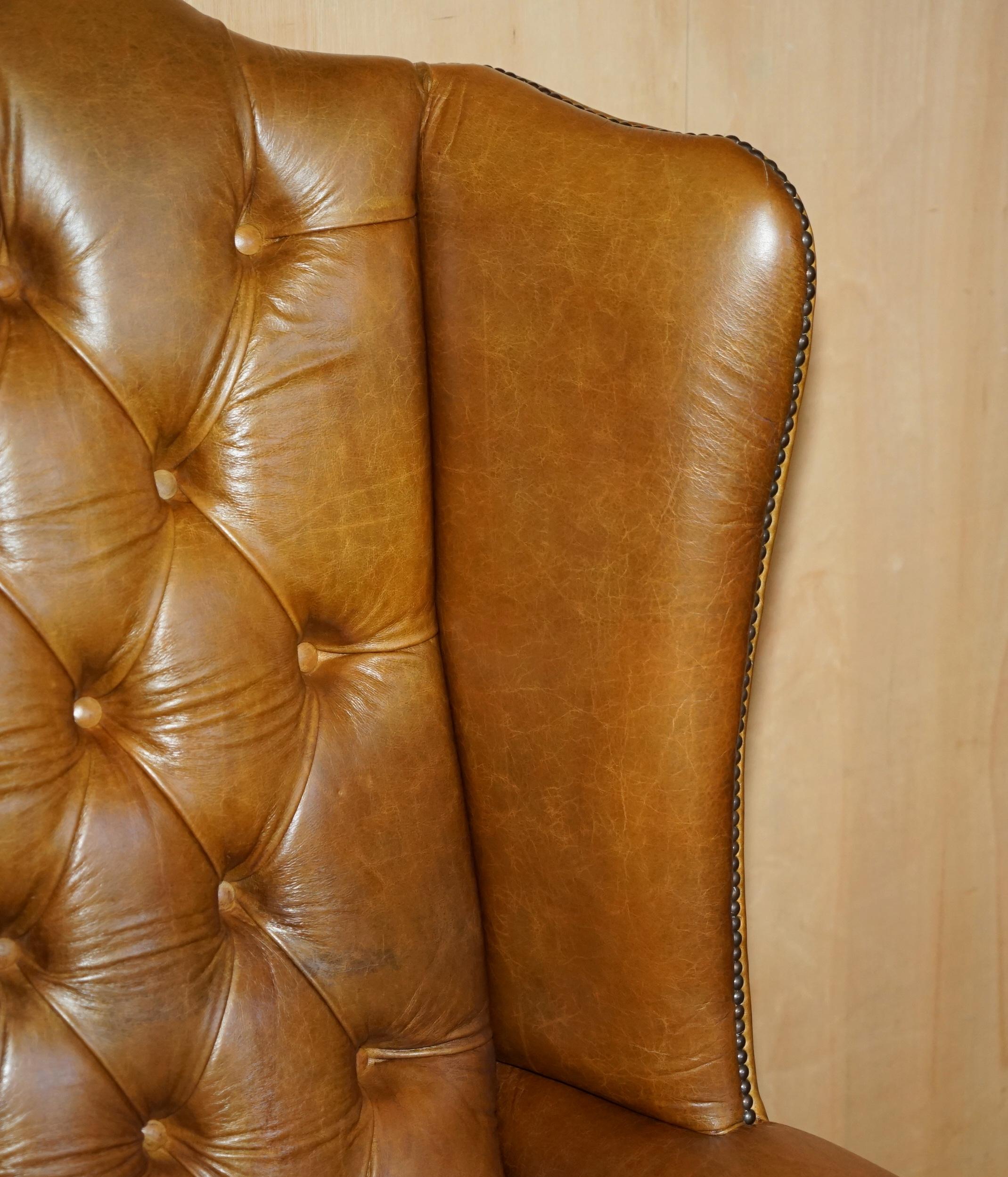 20th Century PAIR OF HUGE 132CM TALL HERITAGE BROWN LEATHER CHESTERFIELD WINGBACK ARMCHAIRs For Sale