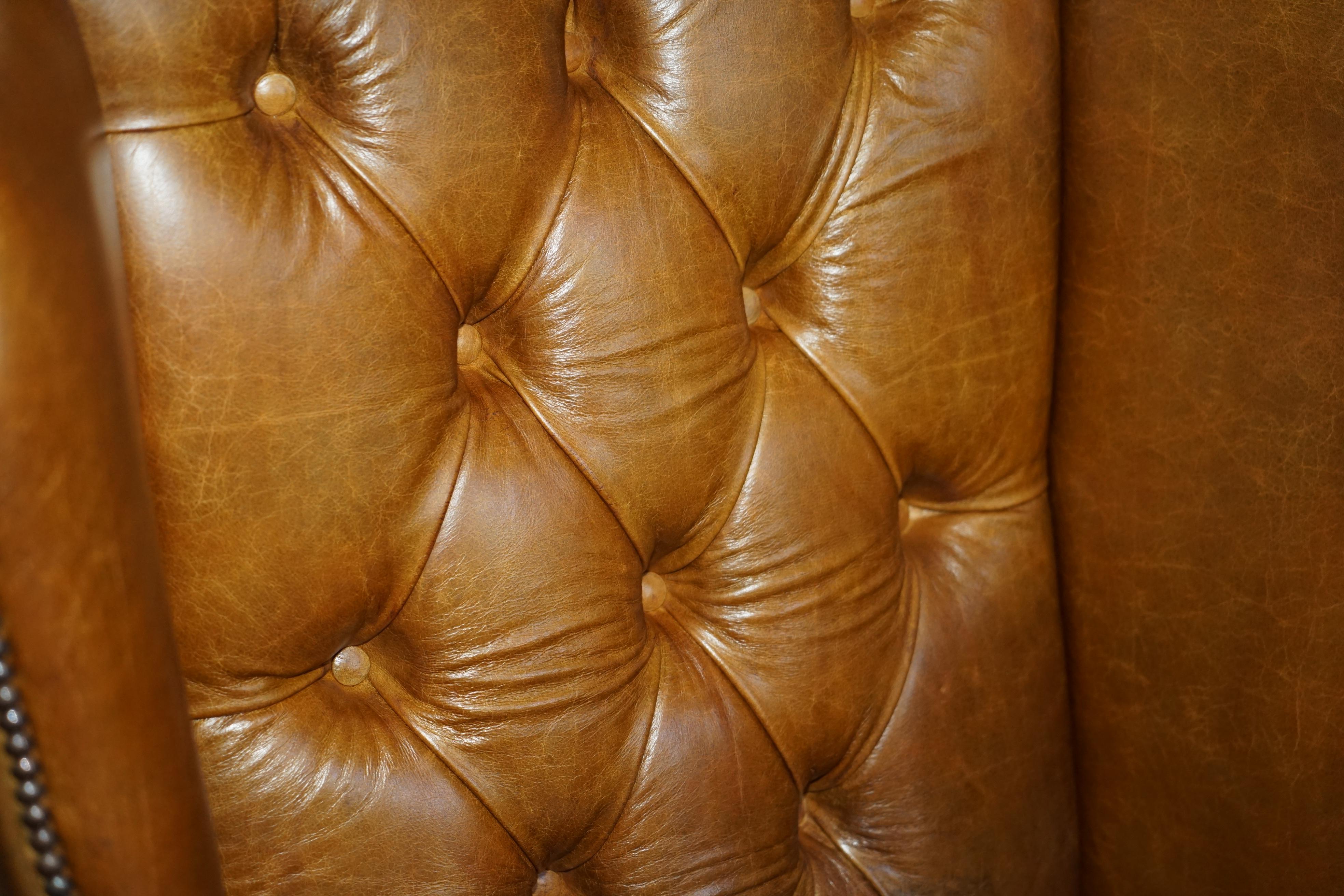 Leather PAIR OF HUGE 132CM TALL HERITAGE BROWN LEATHER CHESTERFIELD WINGBACK ARMCHAIRs For Sale