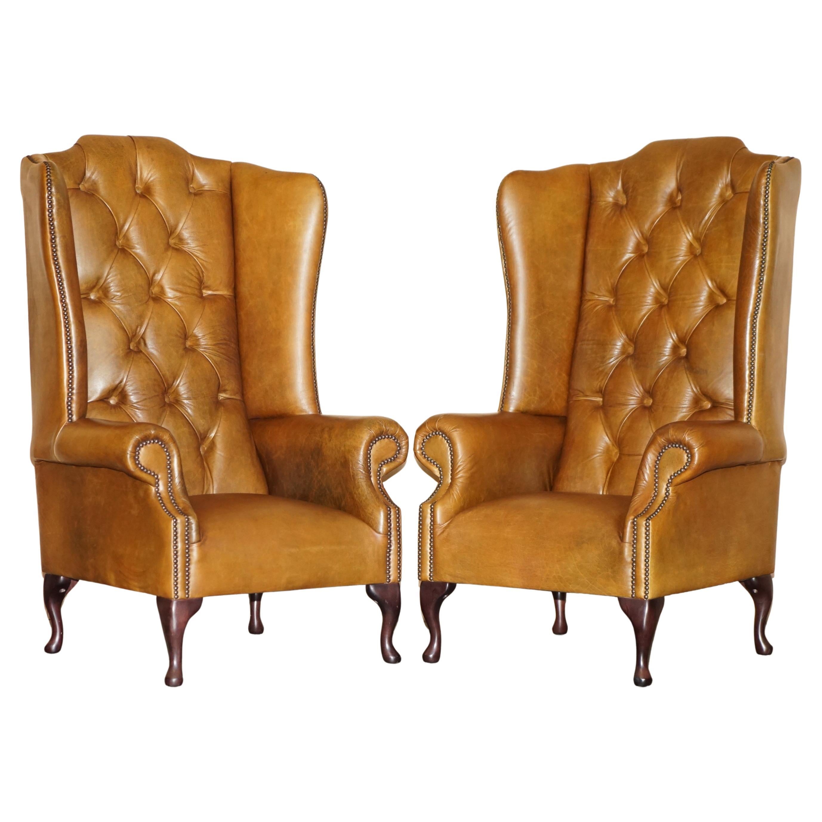PAIR OF HUGE 132CM TALL HERITAGE BROWN LEATHER CHESTERFIELD WINGBACK ARMCHAIRs For Sale