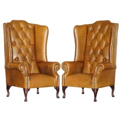 PAIR OF HUGE 132CM TALL HERITAGE BROWN LEATHER CHESTERFIELD WINGBACK ARMCHAIRs