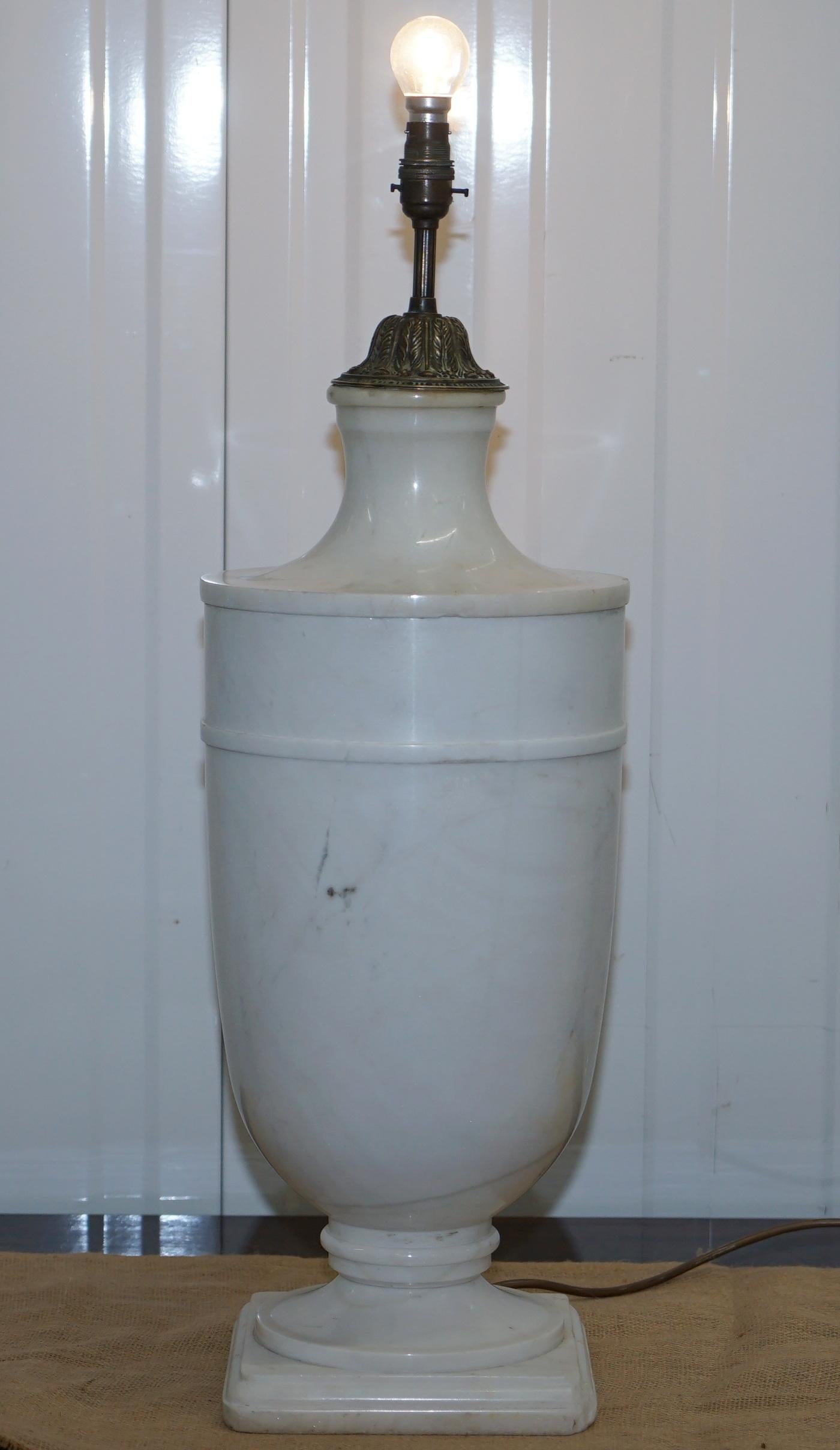 Pair of Huge Tall Solid Italian White Marble Urn Lamps, circa 1920s Rare 6