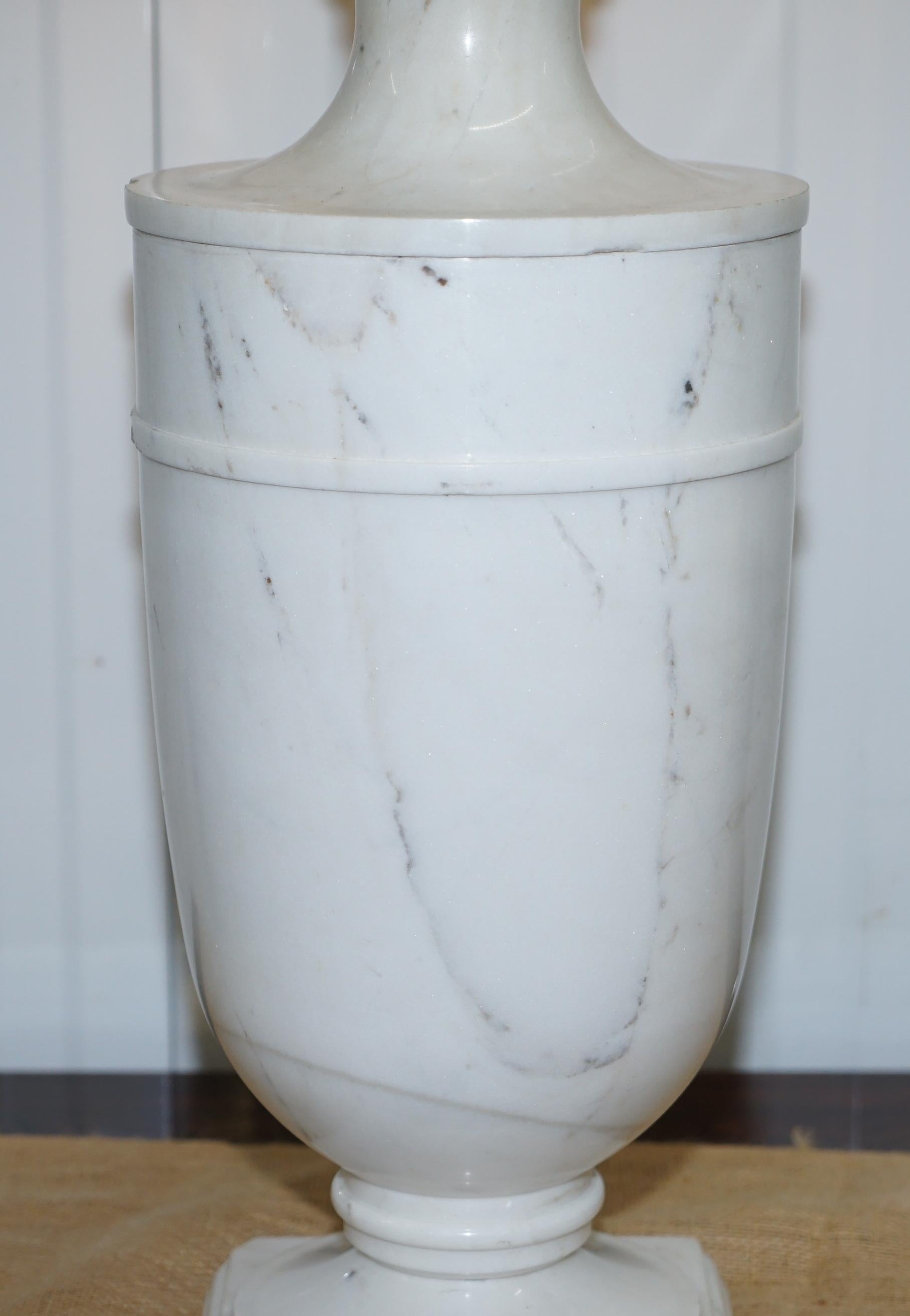 Pair of Huge Tall Solid Italian White Marble Urn Lamps, circa 1920s Rare 13