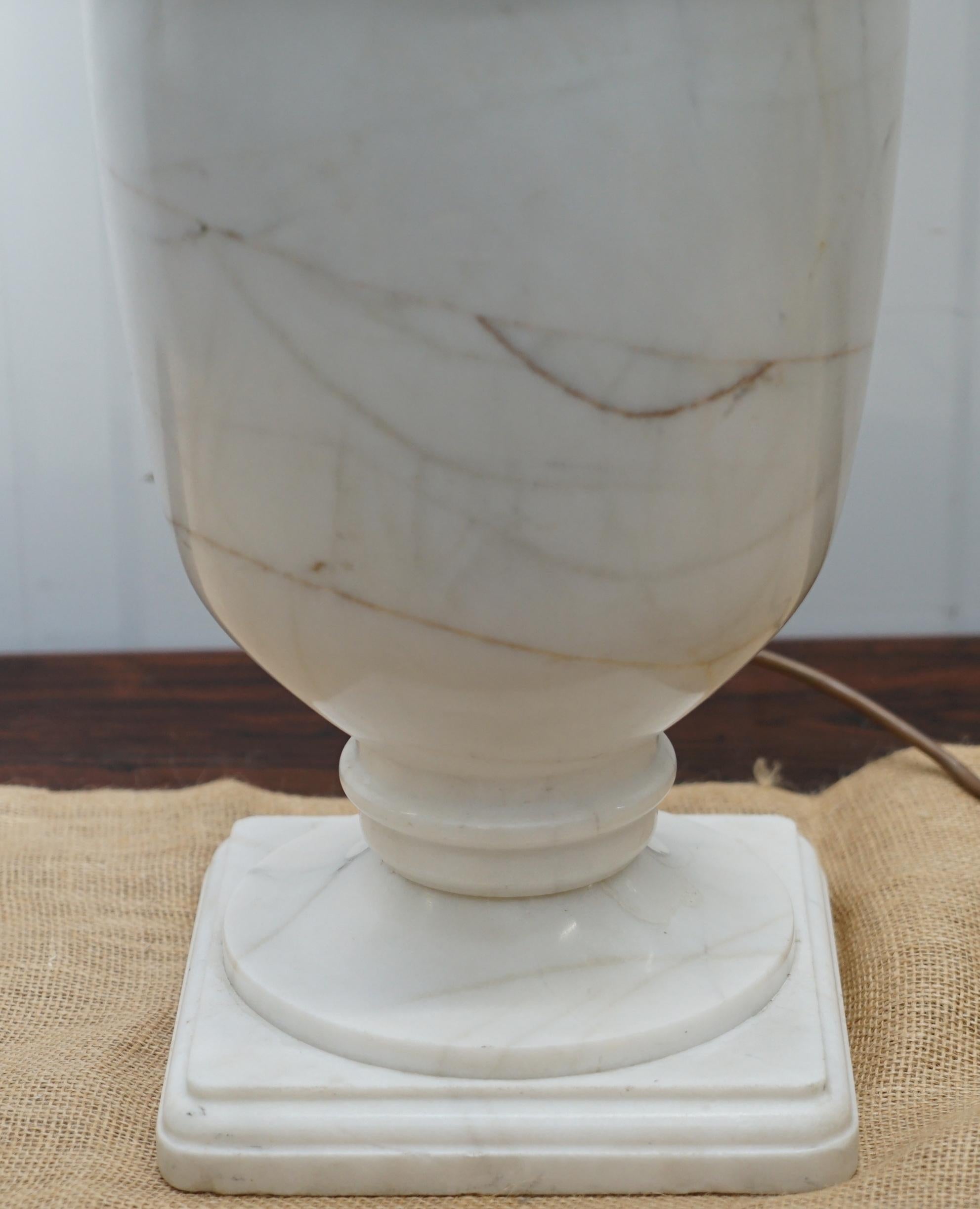 Art Deco Pair of Huge Tall Solid Italian White Marble Urn Lamps, circa 1920s Rare