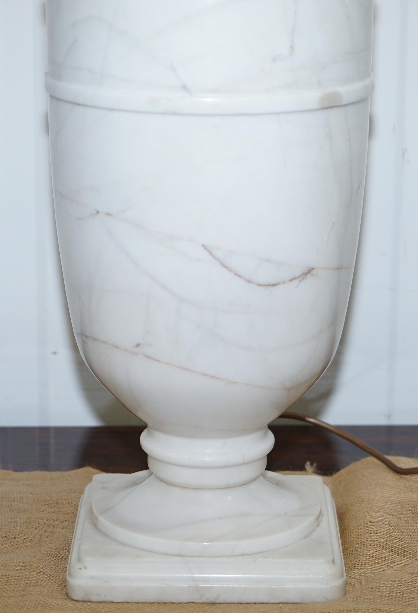Hand-Crafted Pair of Huge Tall Solid Italian White Marble Urn Lamps, circa 1920s Rare