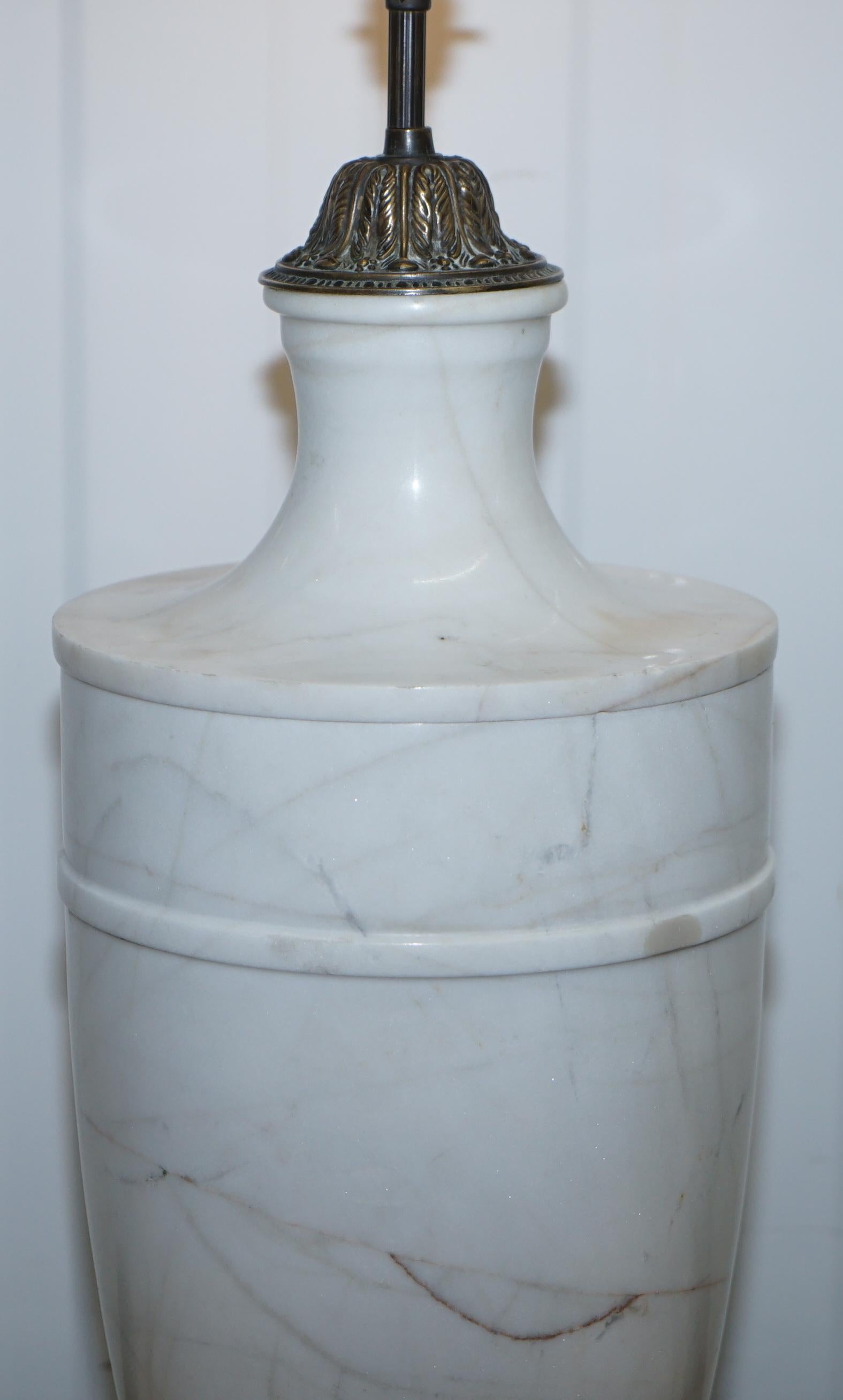 20th Century Pair of Huge Tall Solid Italian White Marble Urn Lamps, circa 1920s Rare